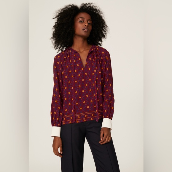 $700 Wales Bonner Madras Gathered Blouse RTR red v-neck long sleeve work blue - Picture 2 of 9